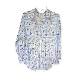 3/$30 Sheer Button Up Greek White And Blue Evil Eye
